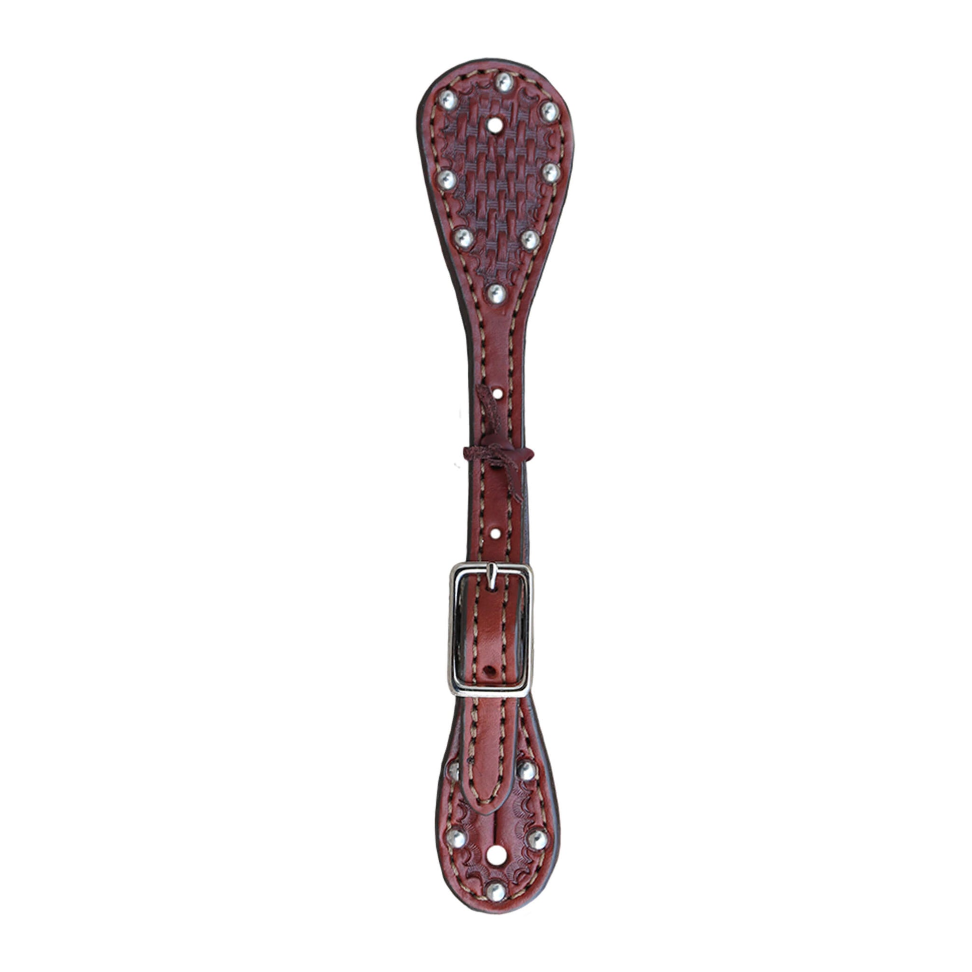 *obsolete* Ladies and kid's spur straps toast leather basket tooled with SS spots.