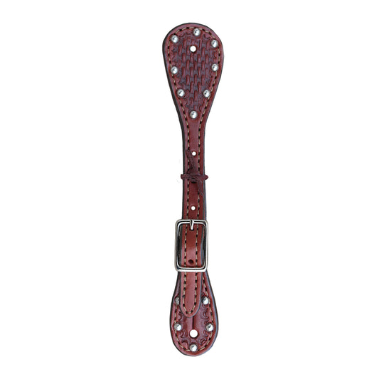 *obsolete* Ladies and kid's spur straps toast leather basket tooled with SS spots.