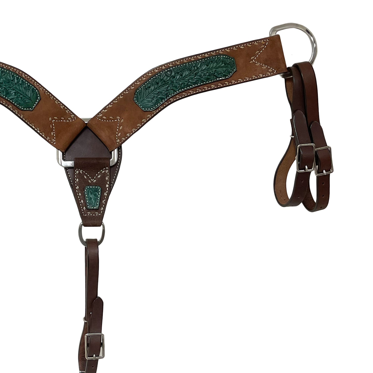 3" Breast collar chocolate leather with turquoise oak leaf tooled patch, rawhide buckstitch, and double tugs.