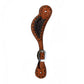 Men's spur straps rough out toast leather with chocolate oak leaf tooled patch and black buckstitch. 