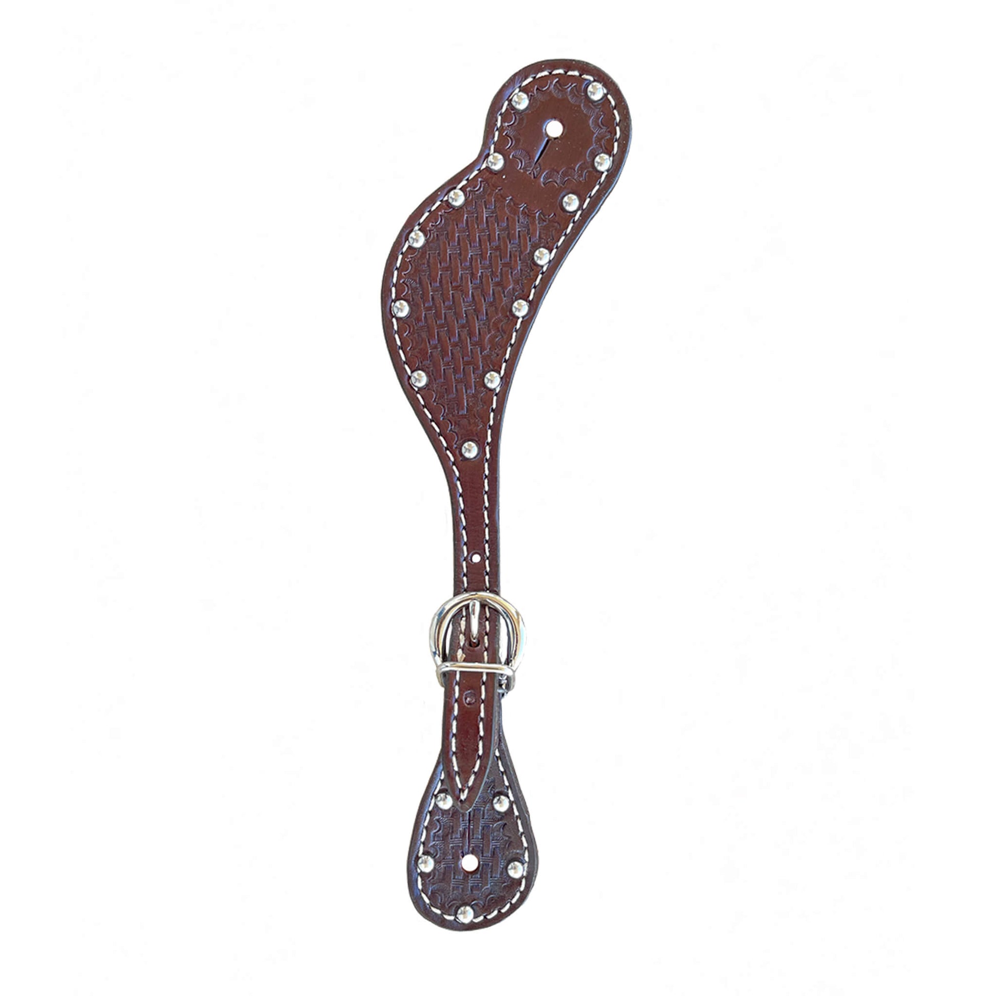 Men's spur straps chocolate leather basket tooled with SS spots.