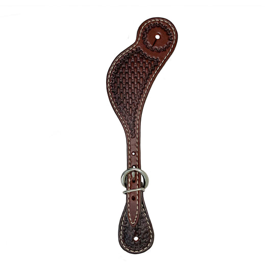 Men's spur straps chocolate leather basket tooled.