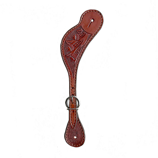 380-O Men's spur straps toast leather oak leaf tooling