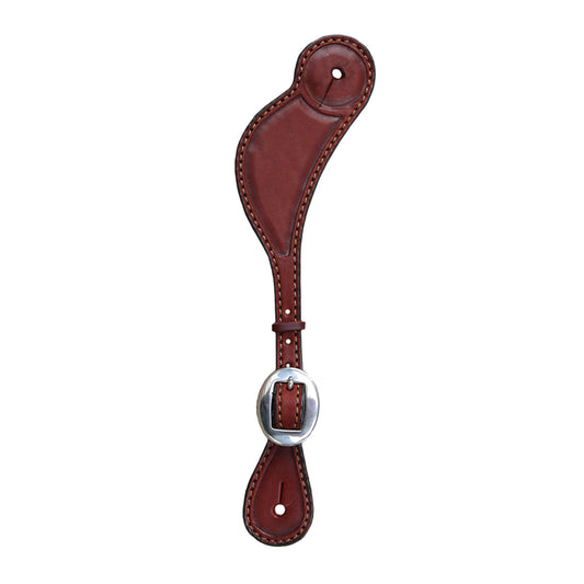 Men's spur straps toast leather outline tooling with brown stitching.