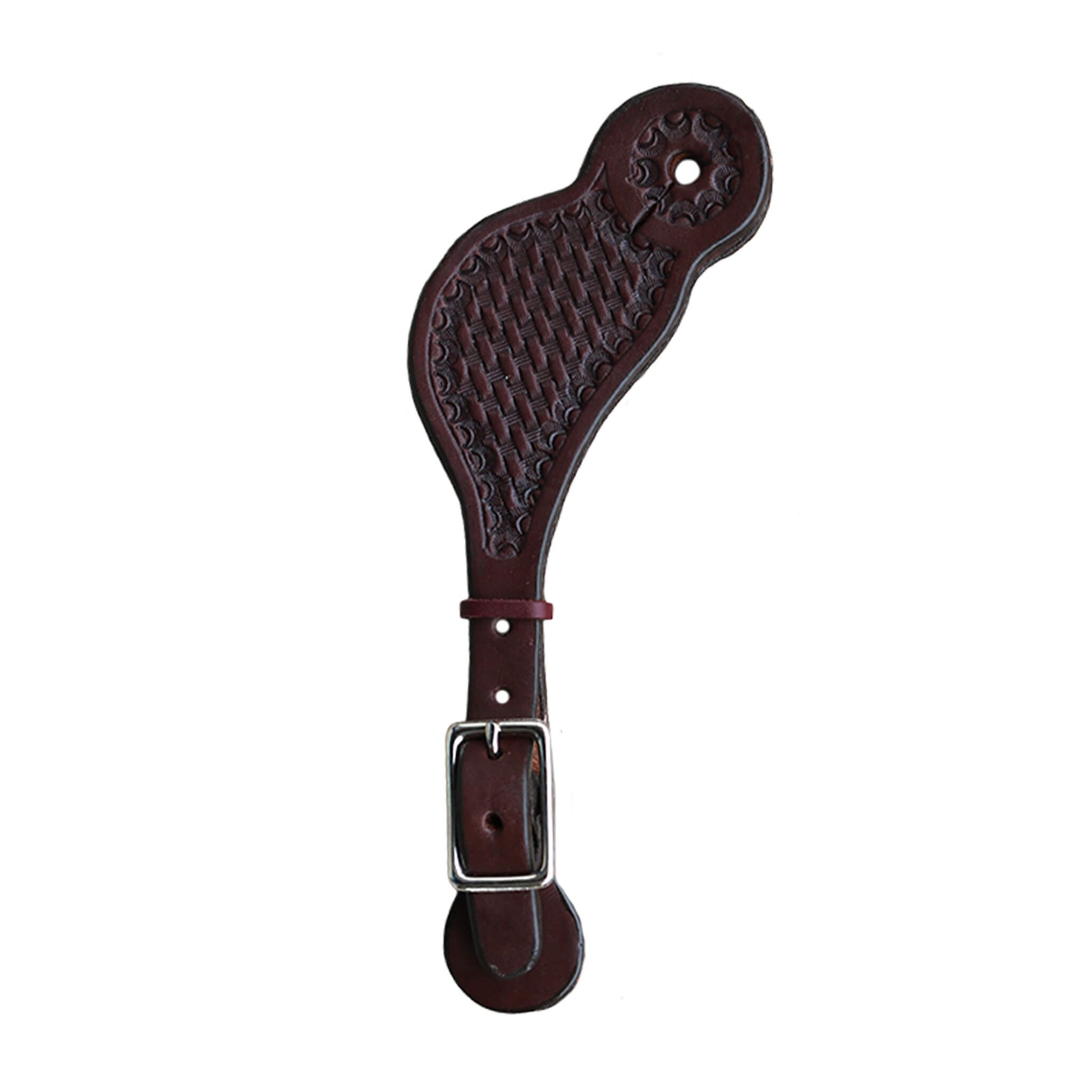 Kid's spur straps chocolate leather basket tooled.