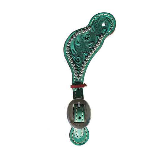 Youth spur straps turquoise leather spiral tooling with mini SS spots. (Color may vary)
