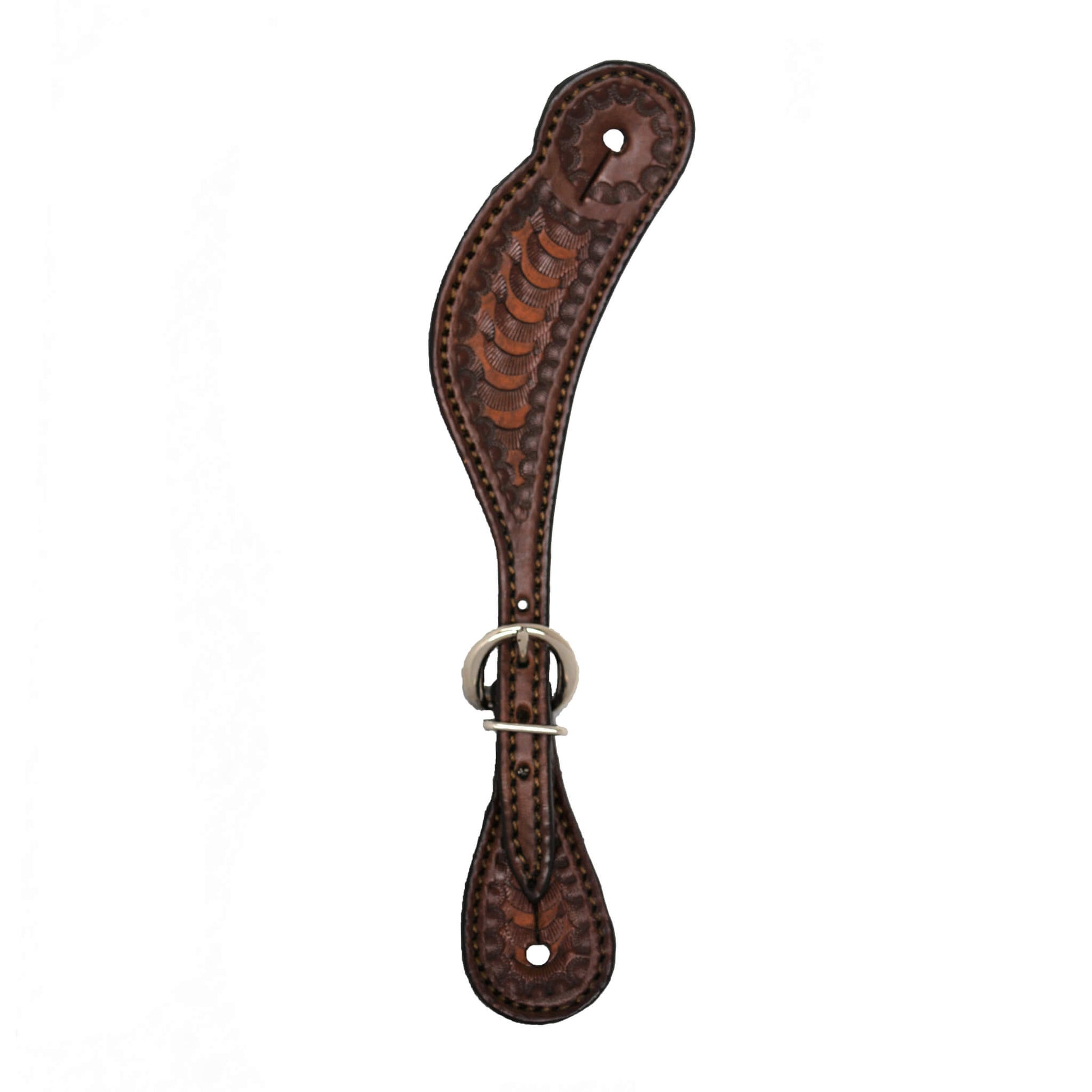 Ladies spur straps toast leather wave tooling.