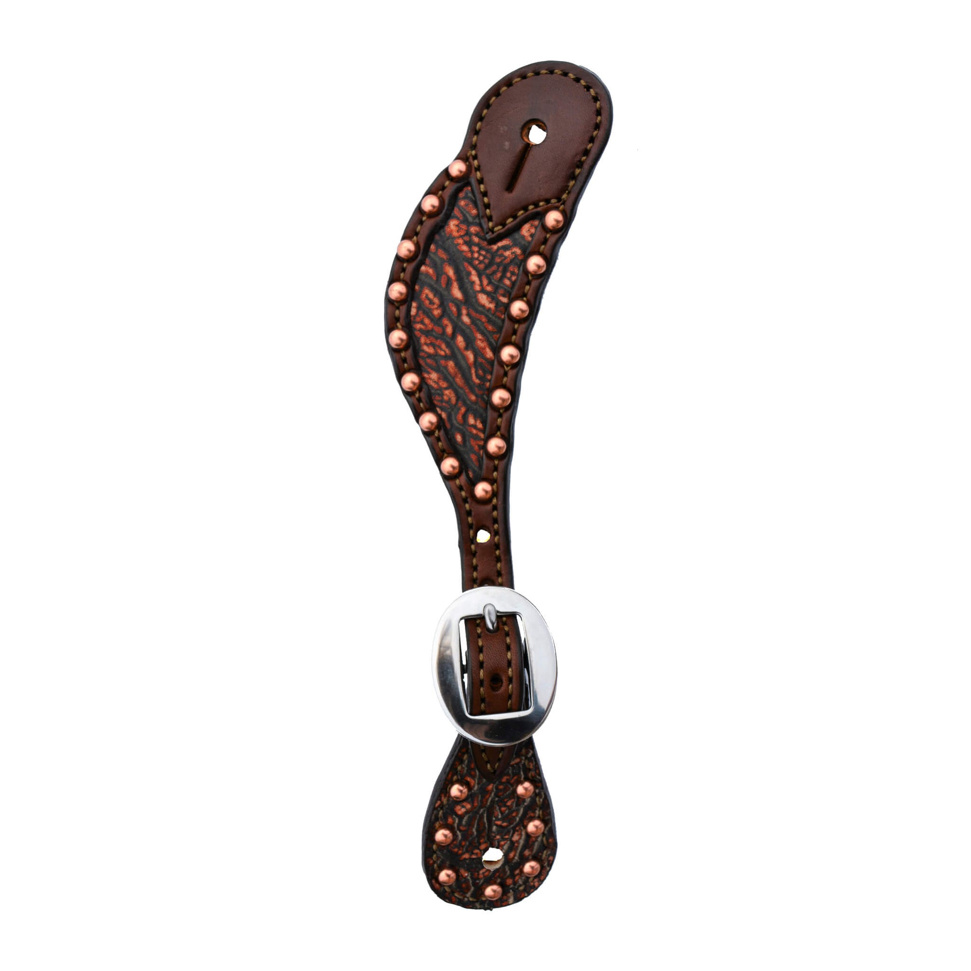 Ladies spur straps toast leather whiskey pachyderm overlay with copper spots. 