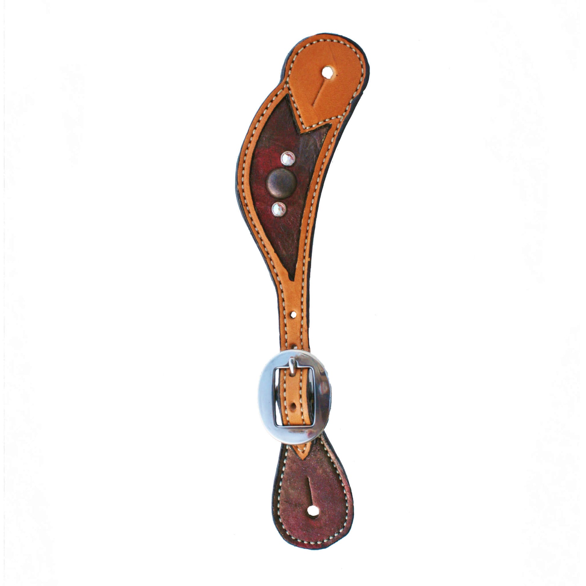 Ladies spur straps golden leather vintage metallic rose dust inlay with copper antique and SS spots. 