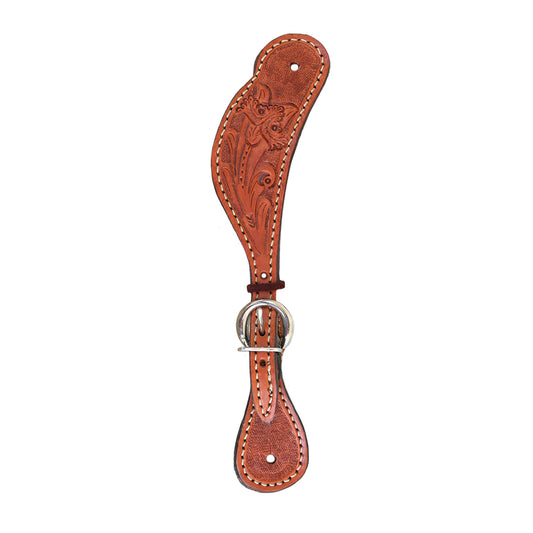 Ladies spur straps golden leather colonial tooling.