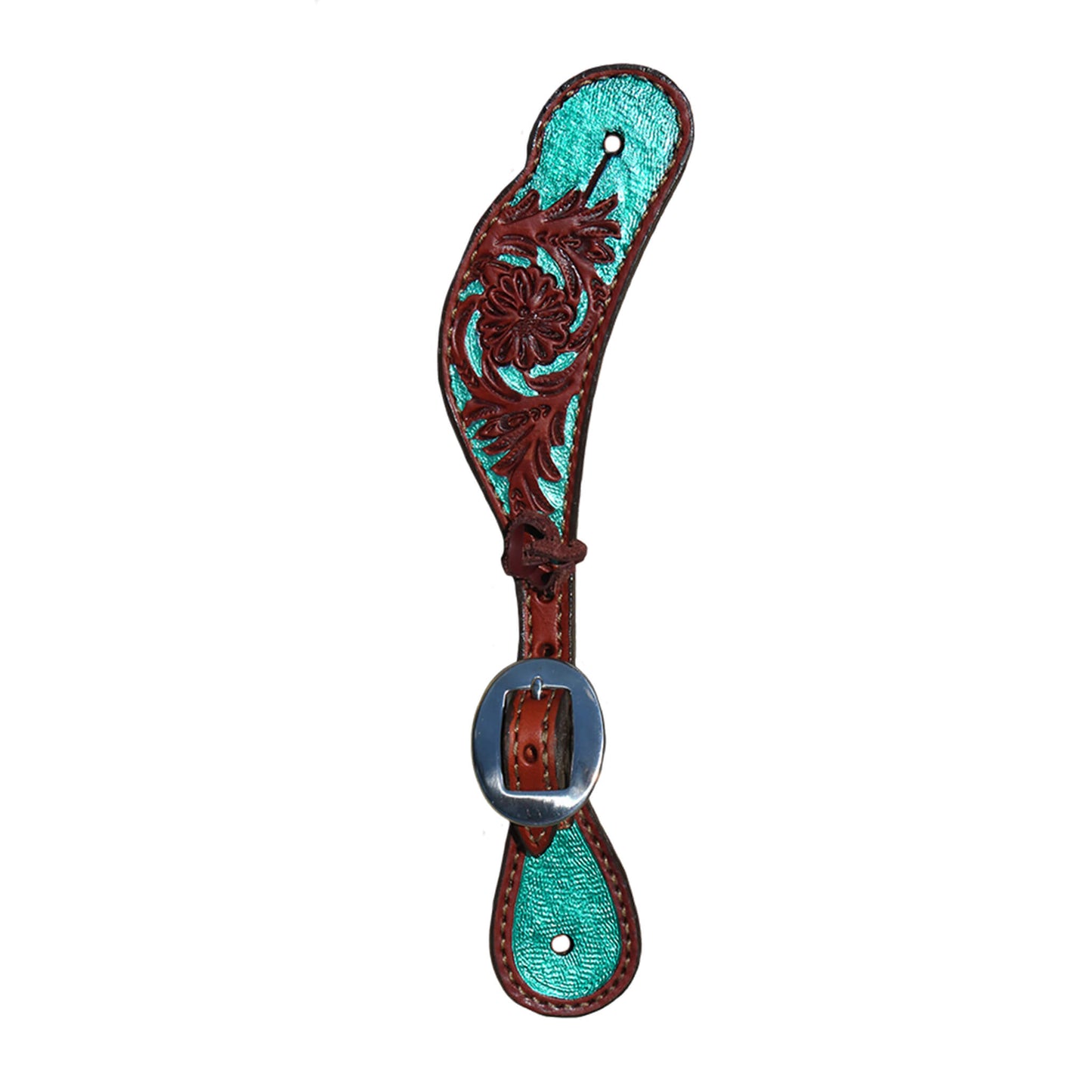 Ladies spur straps toast leather floral tooled with turquoise shimmer background paint.