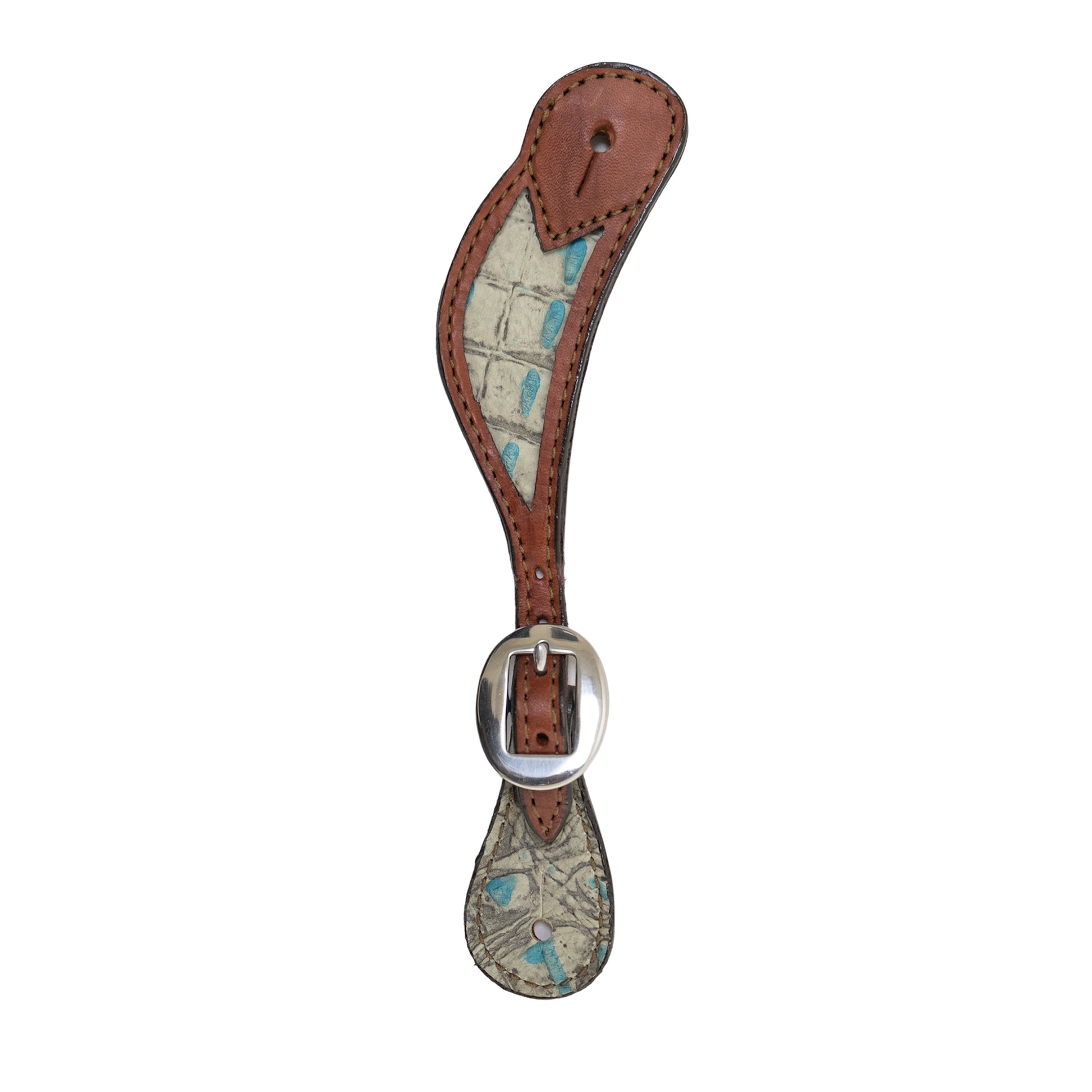 Ladies spur straps chocolate leather turquoise gator inlay.
