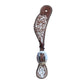 Ladies spur straps rough out chocolate leather floral tooled with ivory rustic background paint.