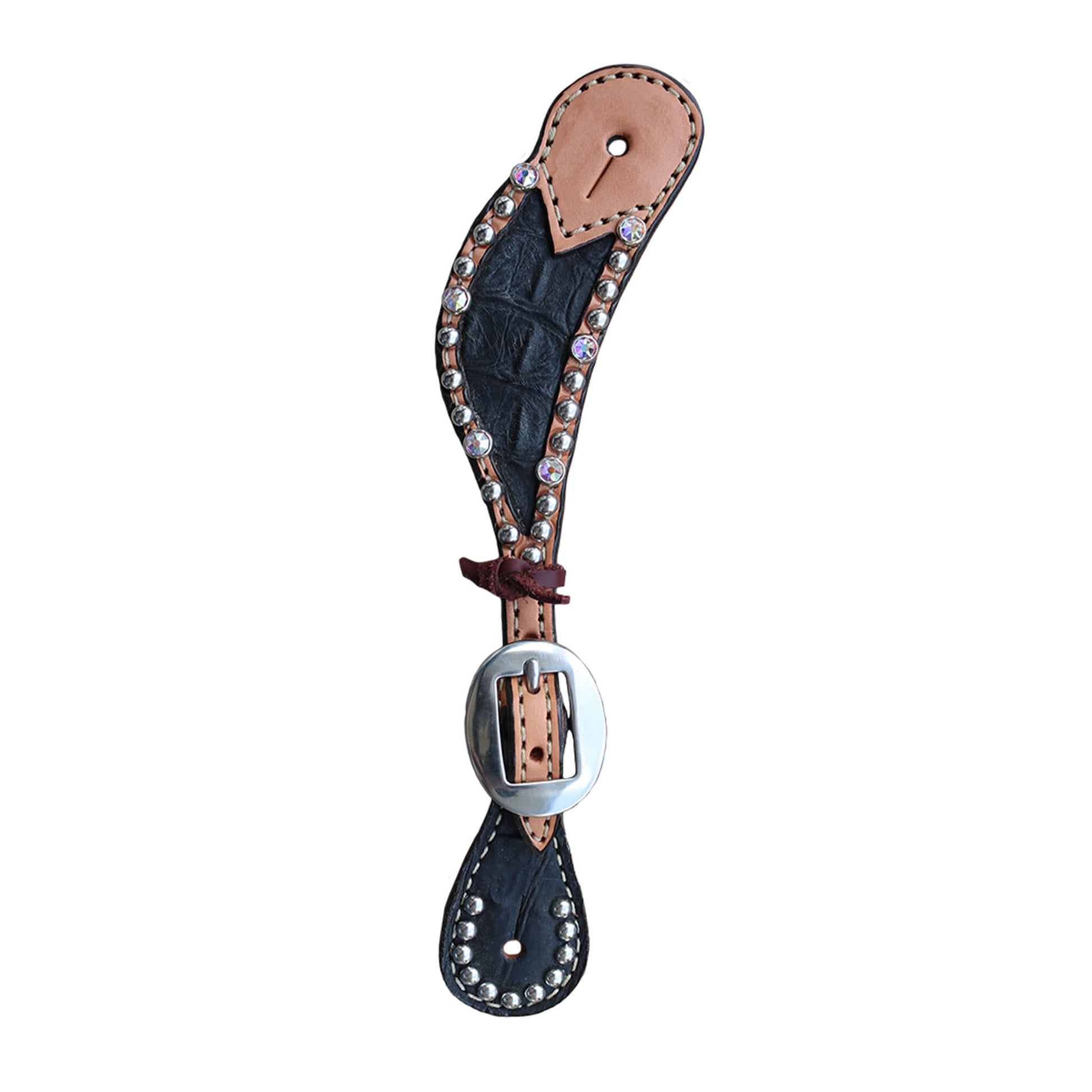 Ladies spur straps golden leather black gator inlay with Swarovski crystals and SS spots.