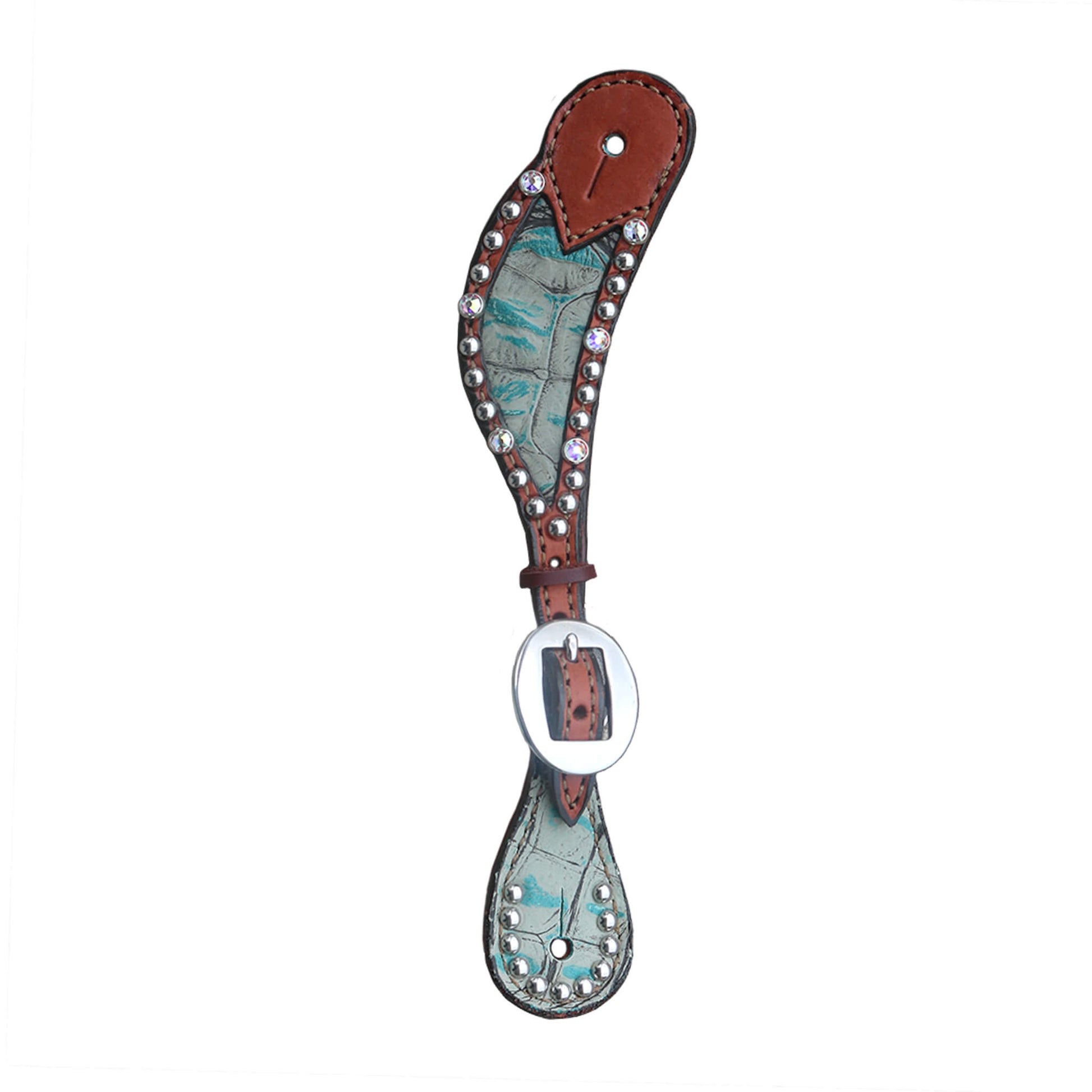 Ladies spur straps golden leather turquoise gator inlay with Swarovski crystals and SS spots.