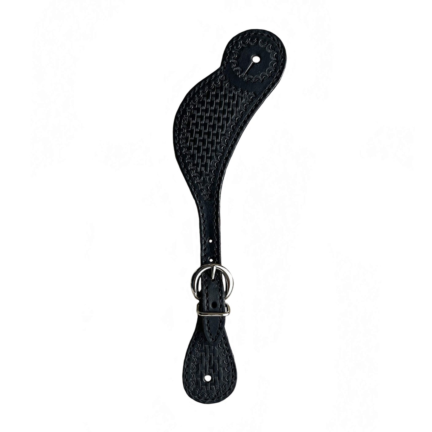 382-KA Ladies spur straps black leather basket tooling