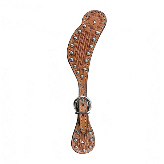 Ladies spur straps golden leather basket tooled with SS spots.
