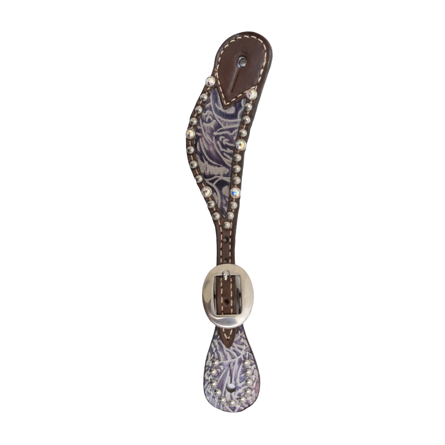 Ladies spur straps chocolate leather lilac overlay with Swarovski crystals and SS spots.