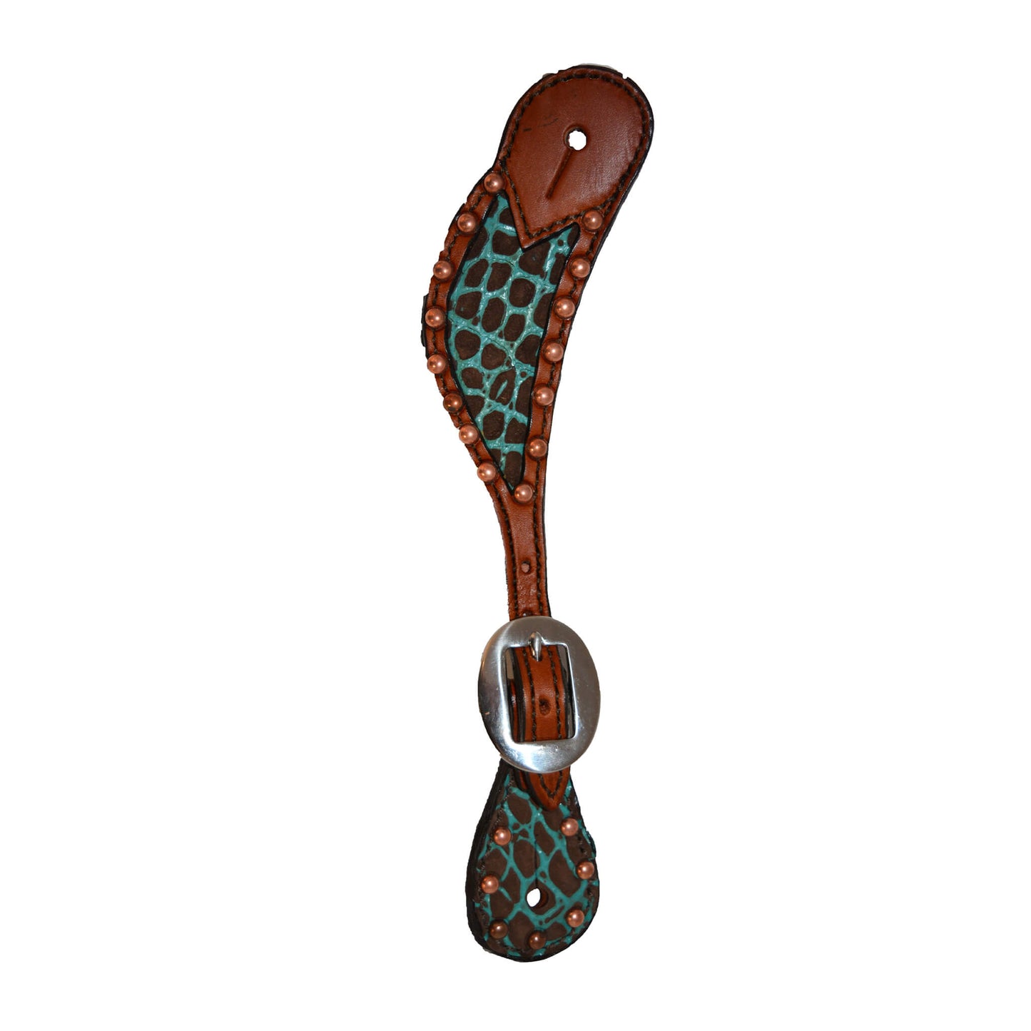 Ladies spur straps toast leather mini giraffe inlay with copper spots.