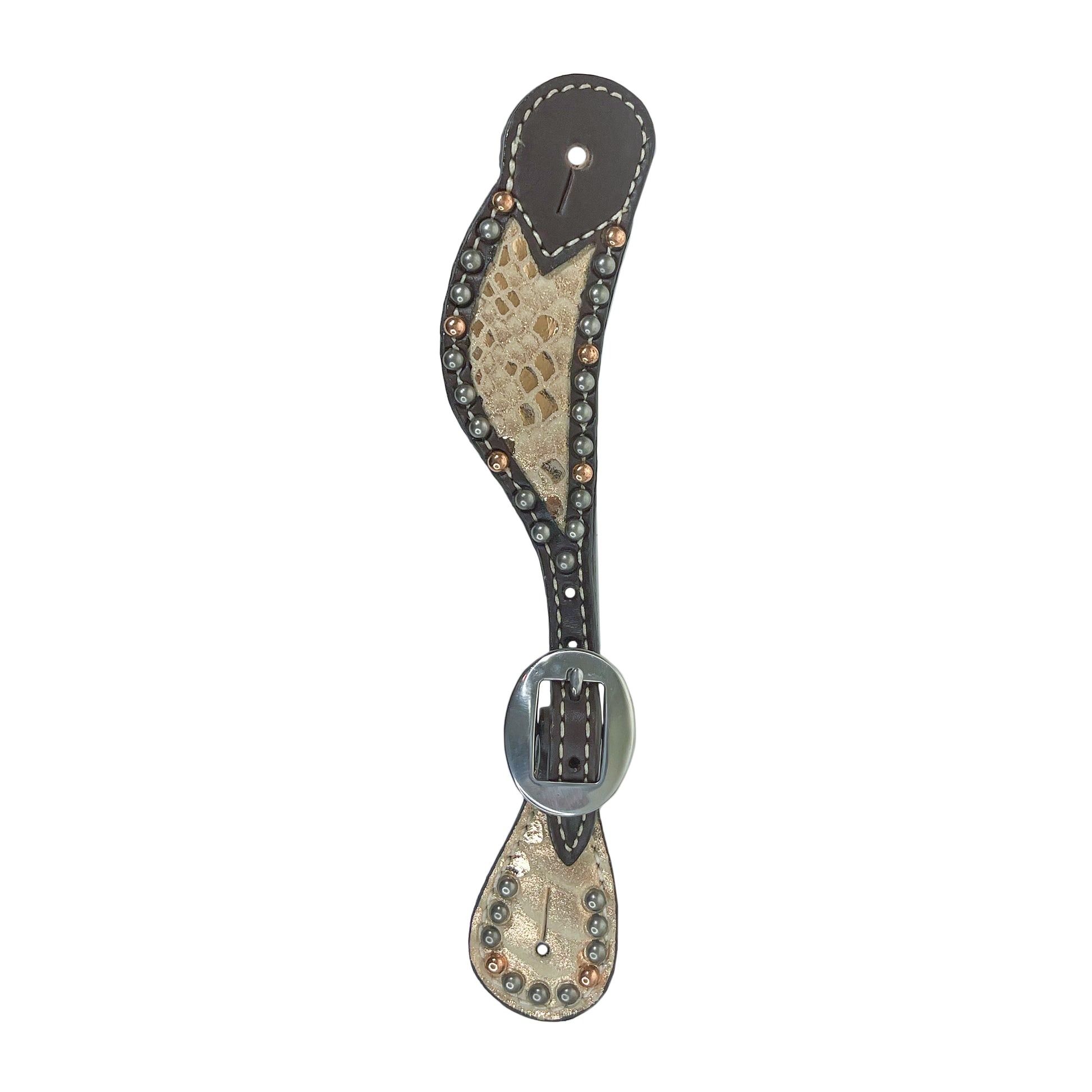 Ladies spur straps chocolate leather mystic inlay with pewter and copper spots.