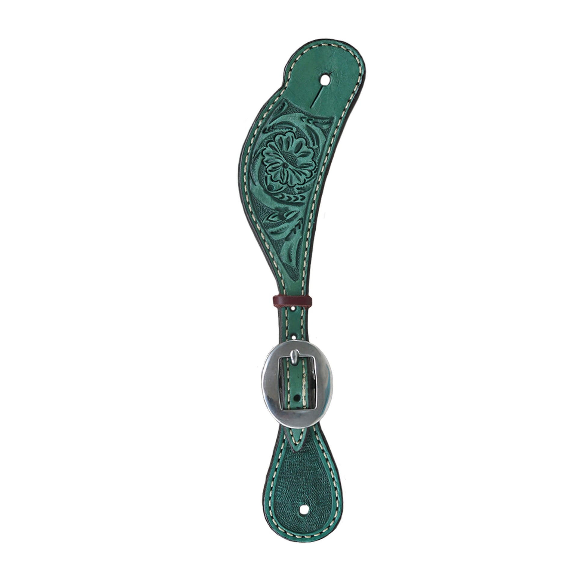 Ladies spur straps rough out turquoise leather floral tooled. (Color may vary)