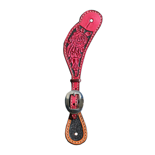 Ladies spur straps dirty pink leather rose tooling with black background paint.