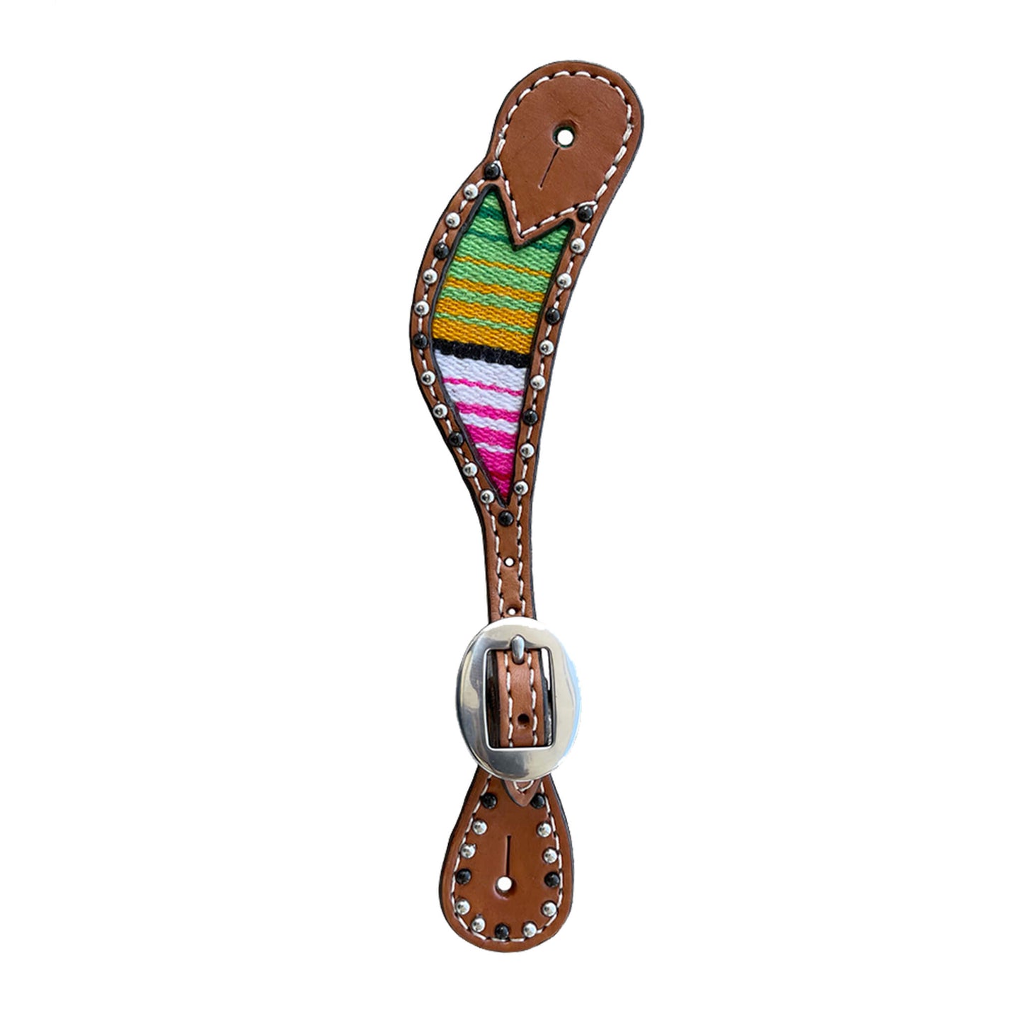 Ladies spur straps golden leather serape inlay with black and SS spots (serape color may vary).
