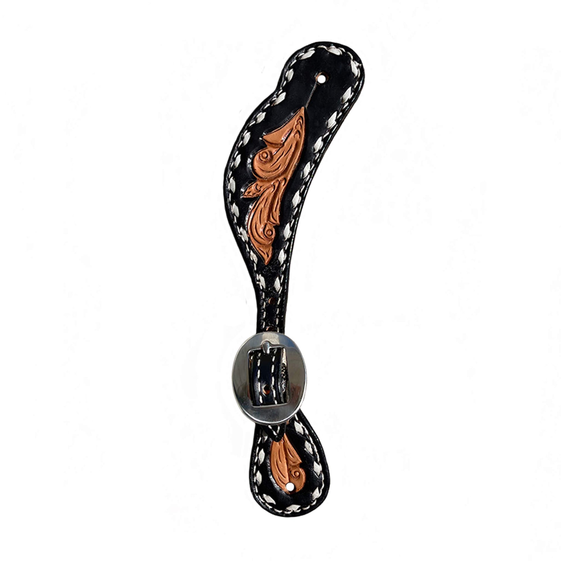 Ladies spur straps golden leather sunrise tooling black paint to the edge with rawhide buckstitch.