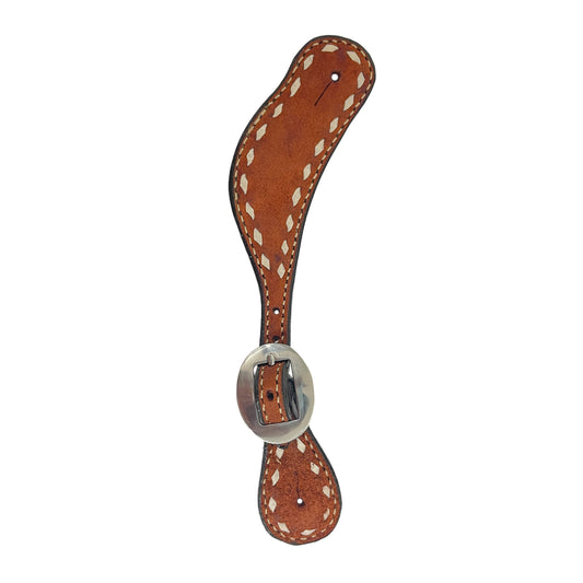 Ladies spur straps rough out toast leather with rawhide buckstitch.