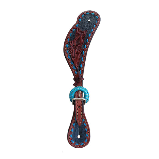 Ladies spur straps toast leather AA tooling with turquoise buckstitch, Spanish lace hardware, and black background paint.