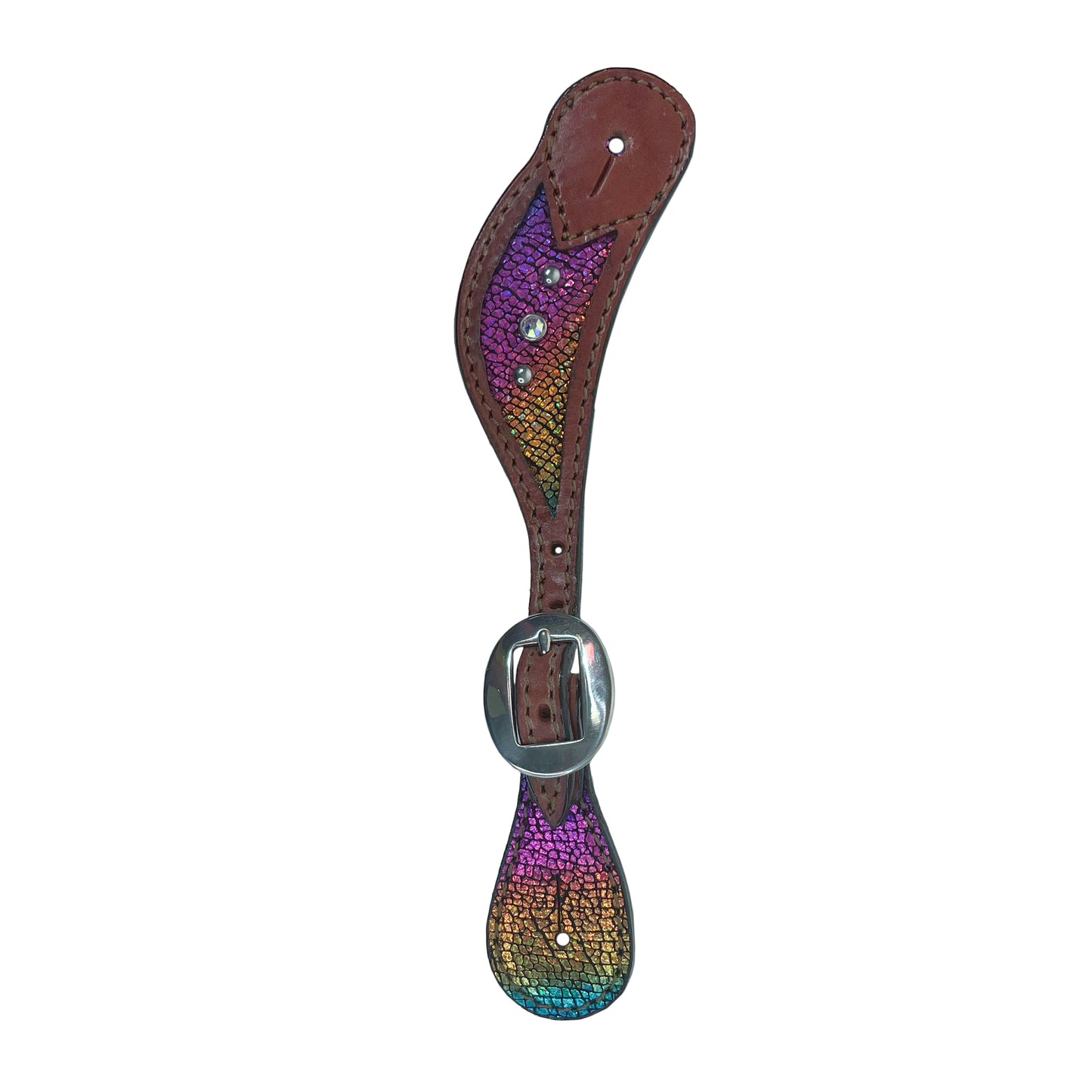 Ladies spur straps toast leather unicorn inlay with Swarovski crystals and spots.