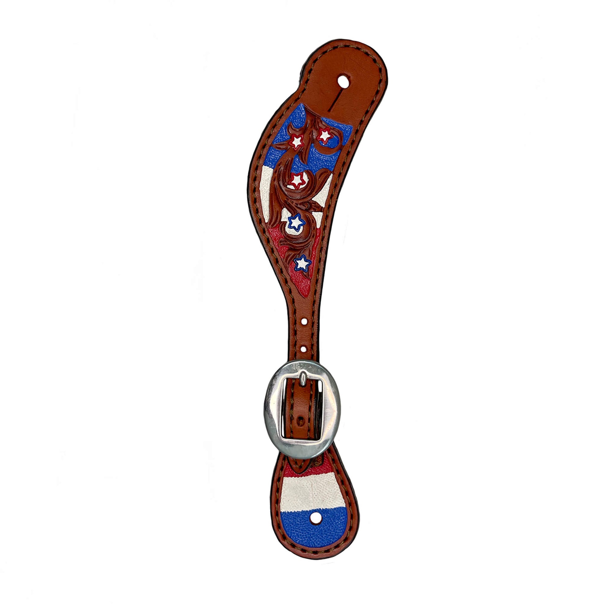 Ladies spur straps toast leather combo AA and star tooling with multicolored background paint.