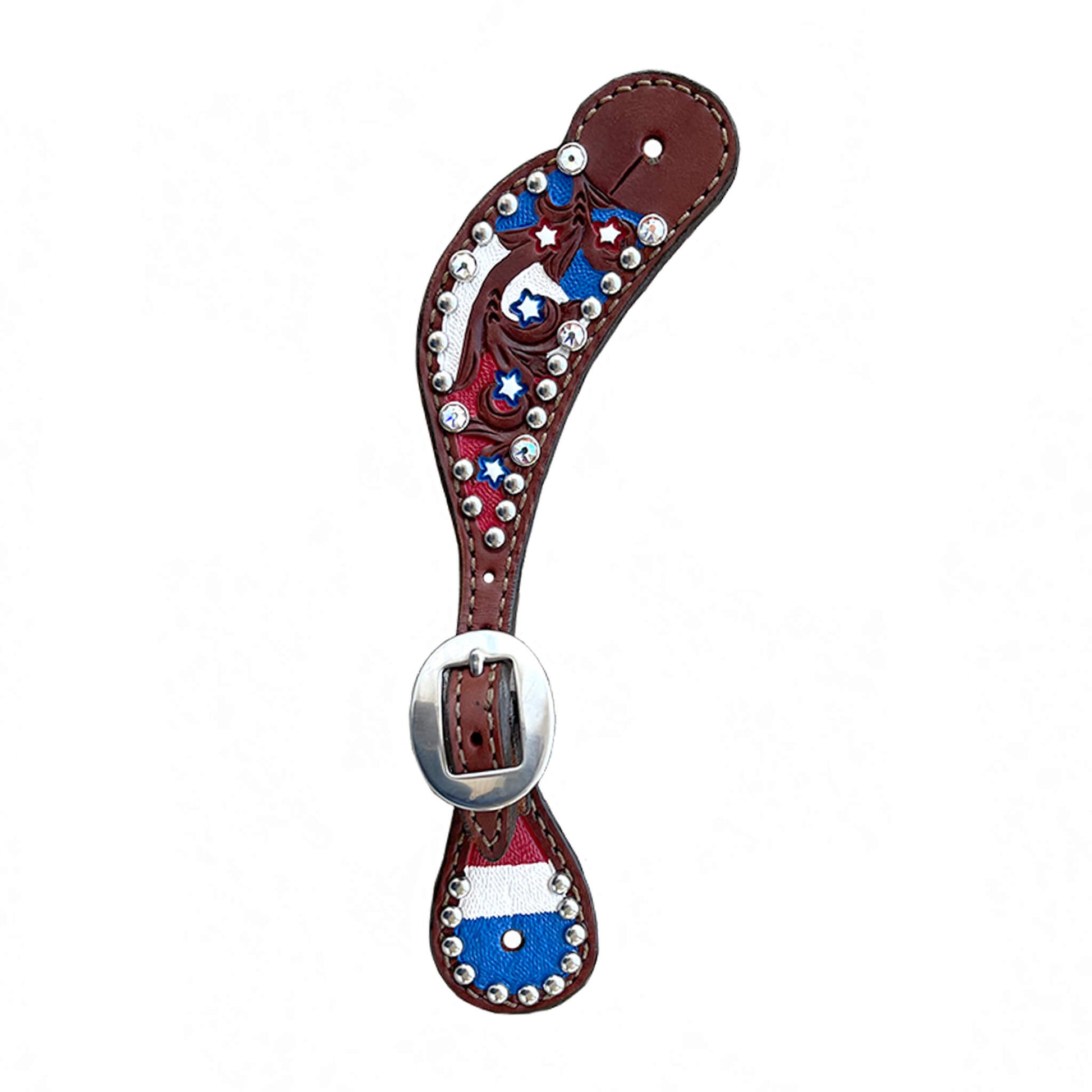 Ladies spur straps toast leather combo AA and star tooling with multicolored background paint, Swarovski crystals, and SS spots.