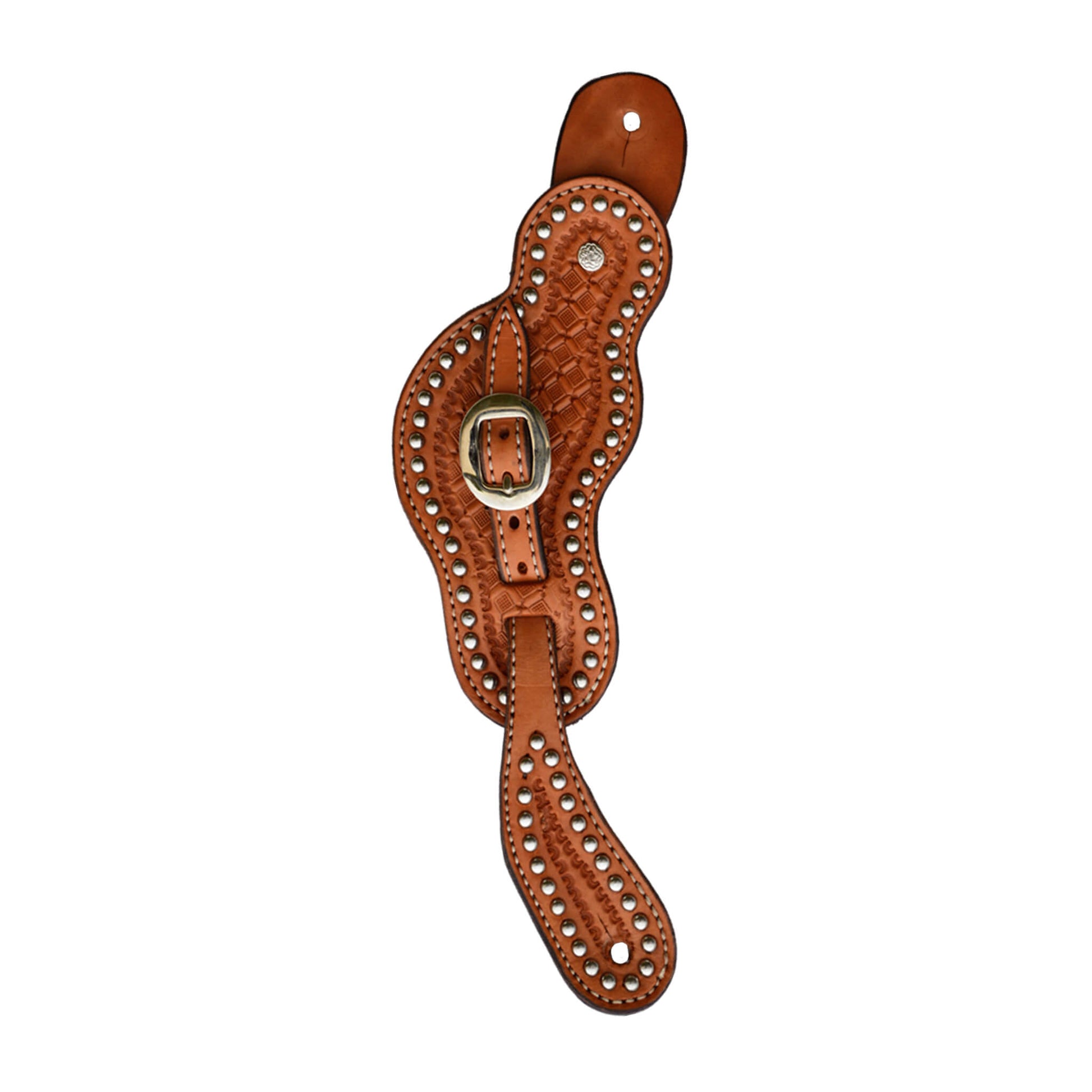 Ladies spur straps golden leather geo tooled with button cover and SS spots.