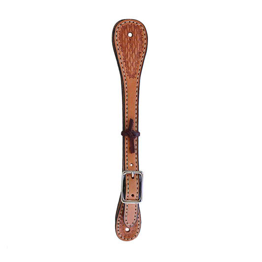 Men's spur straps golden leather basket tooled.