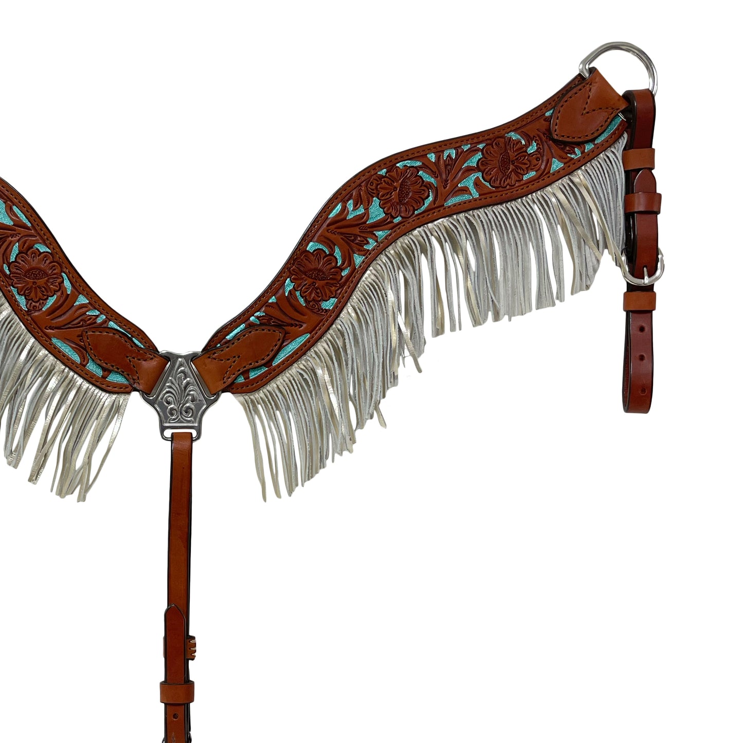 2-1/2" Wave breast collar toast leather floral tooled with turquoise shimmer background paint and fringe.