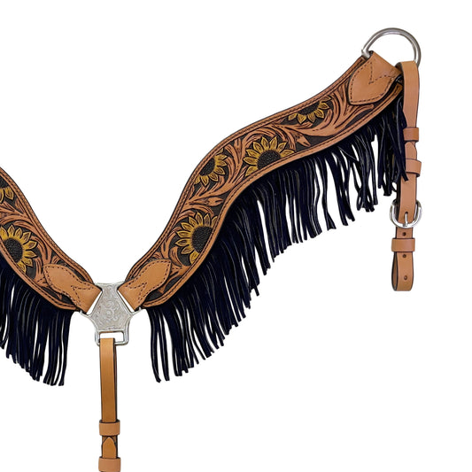 2-1/2" Wave breast collar golden leather sunflower tooling with brown background paint, blue fringe, and an antique finish. 