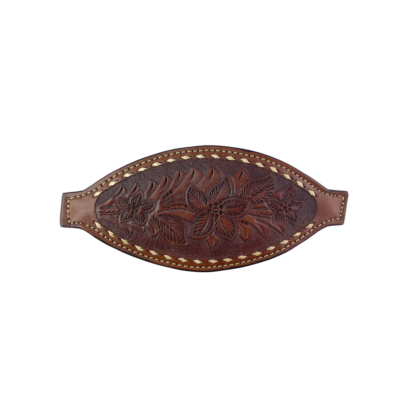 Bronc nose toast leather AA tooling with rawhide buckstitch.