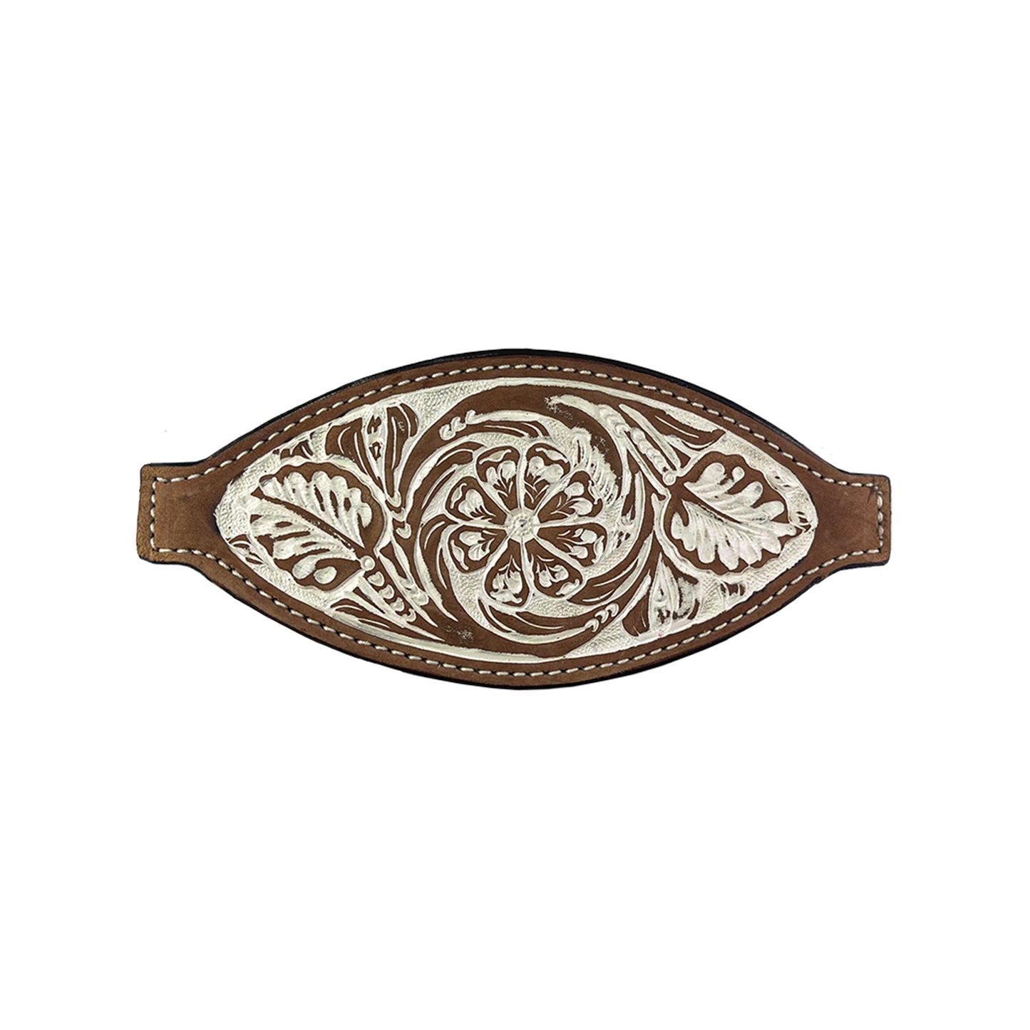 Bronc nose chocolate leather floral tooled with ivory rustic background paint.