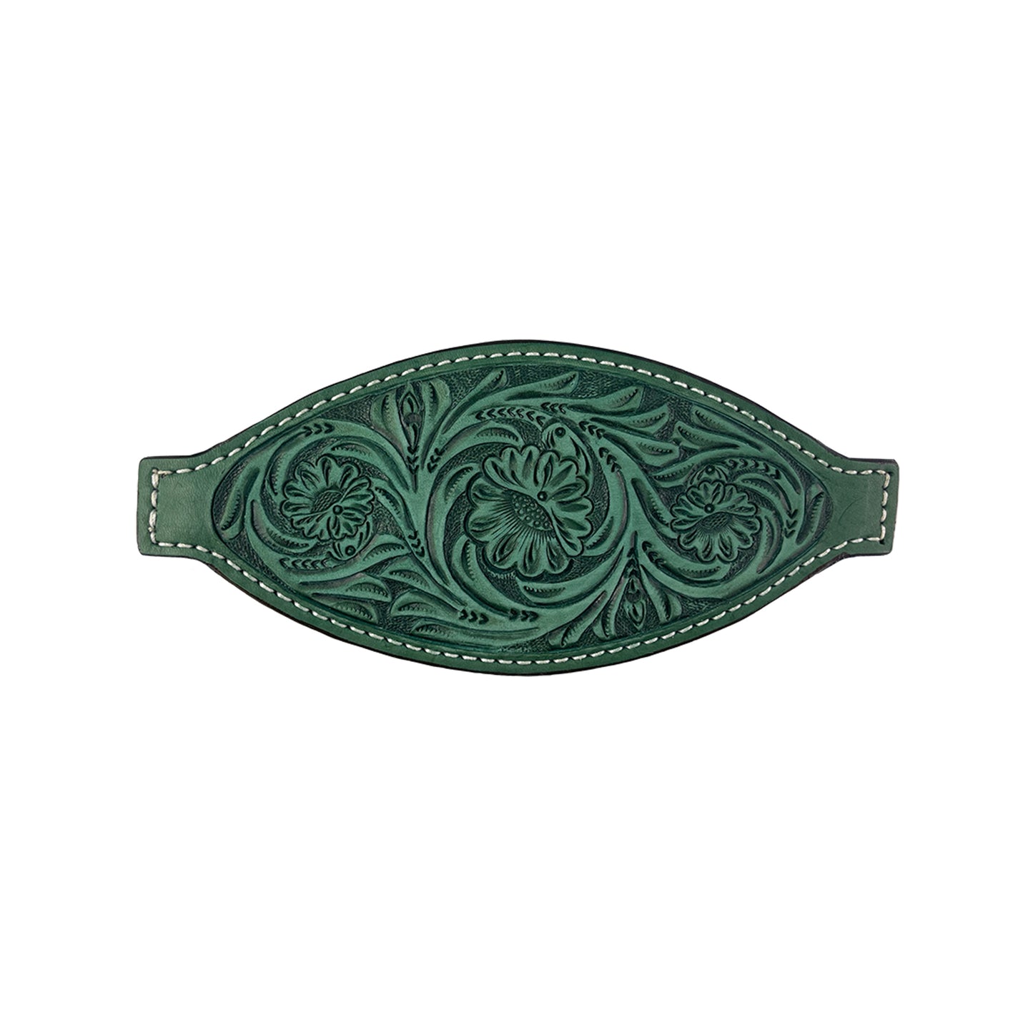 Bronc nose rough out turquoise leather floral tooled (color may vary).