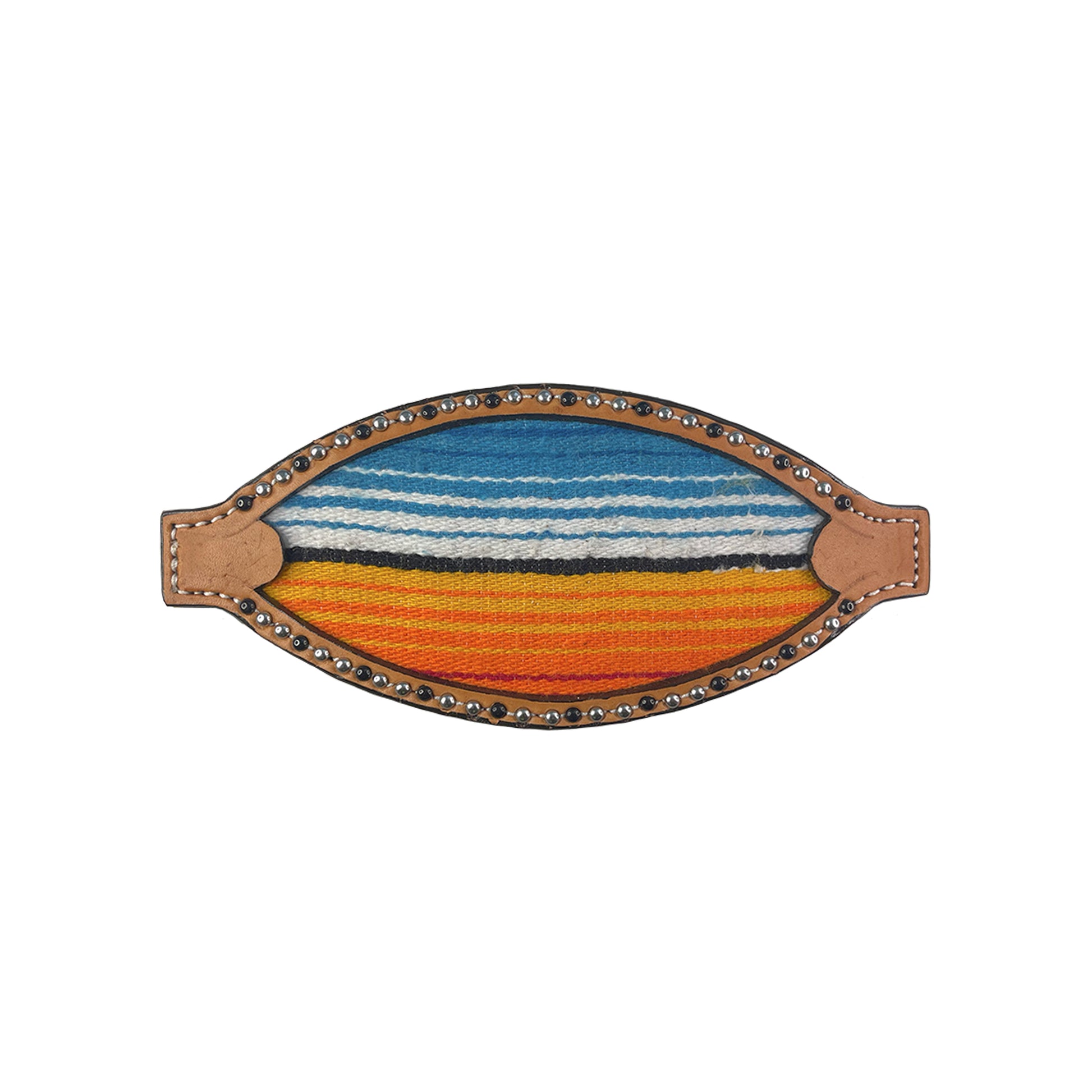 Bronc nose golden leather serape inlay with black and SS spots (serape color may vary).