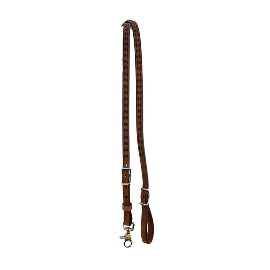 5/8" Roping rein rough out chocolate leather with black buckstitch and snap.