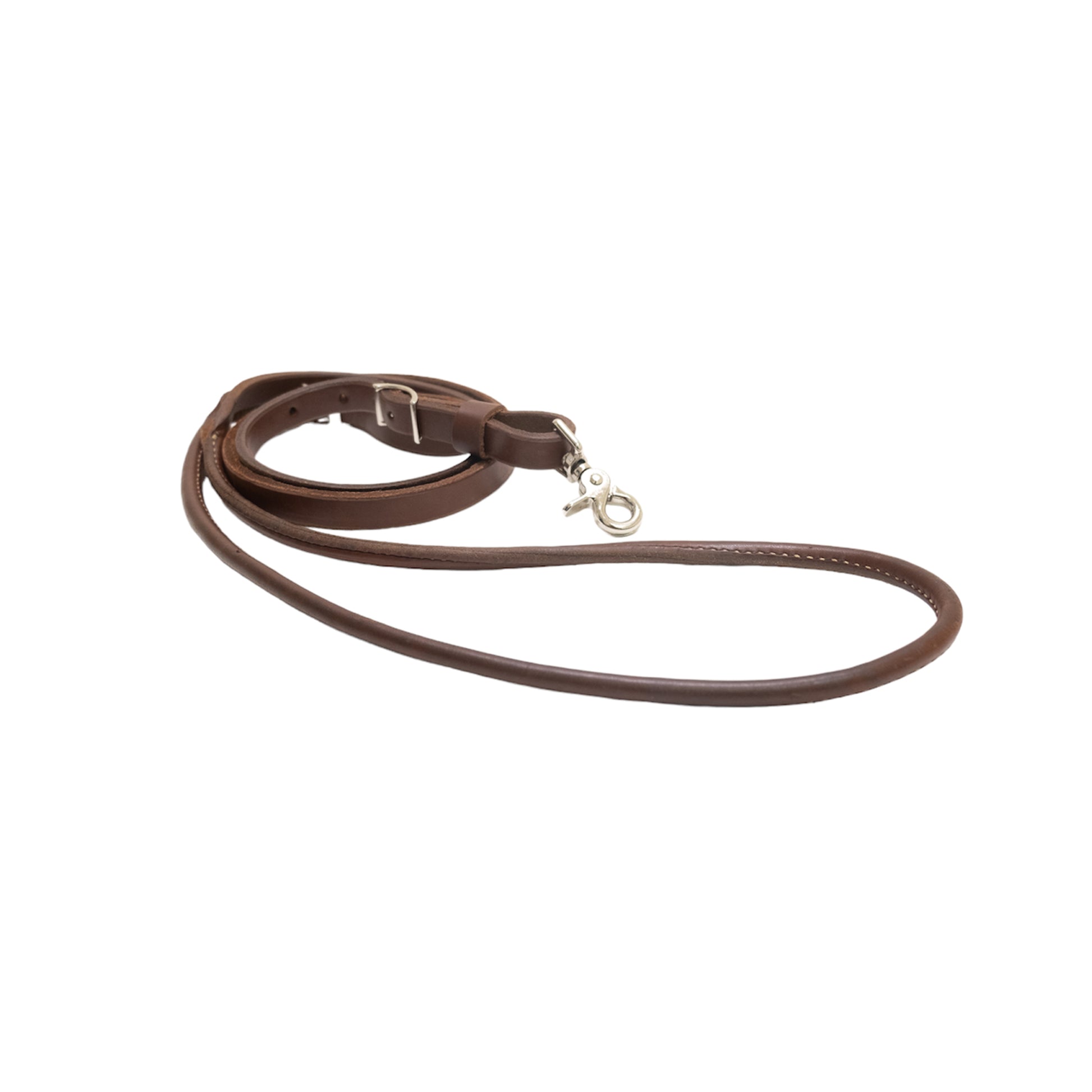 5/8" Rolled roping rein heavy oiled harness leather with snap.