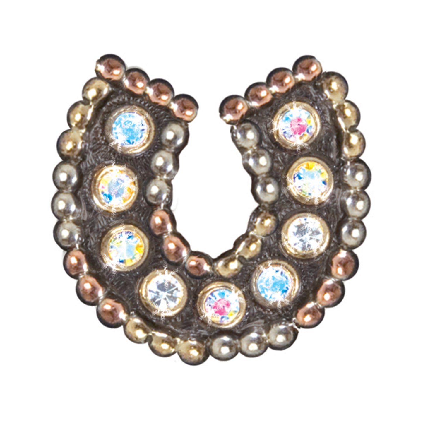 1-1/4" 3X Horseshoe concho with frost background, prism crystals, and tri color studs around edge (set of 4). 