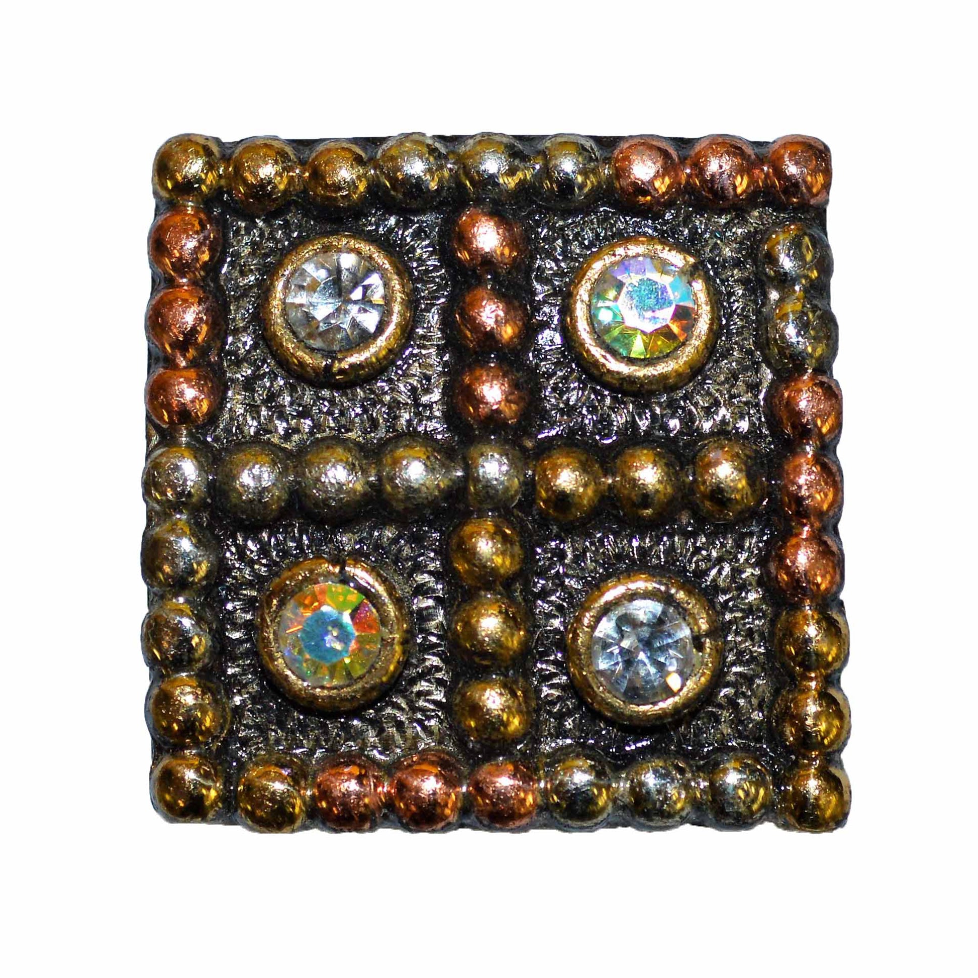 1" 4C Square concho with tri spots around center and edge and prism crystals (set of 4). 