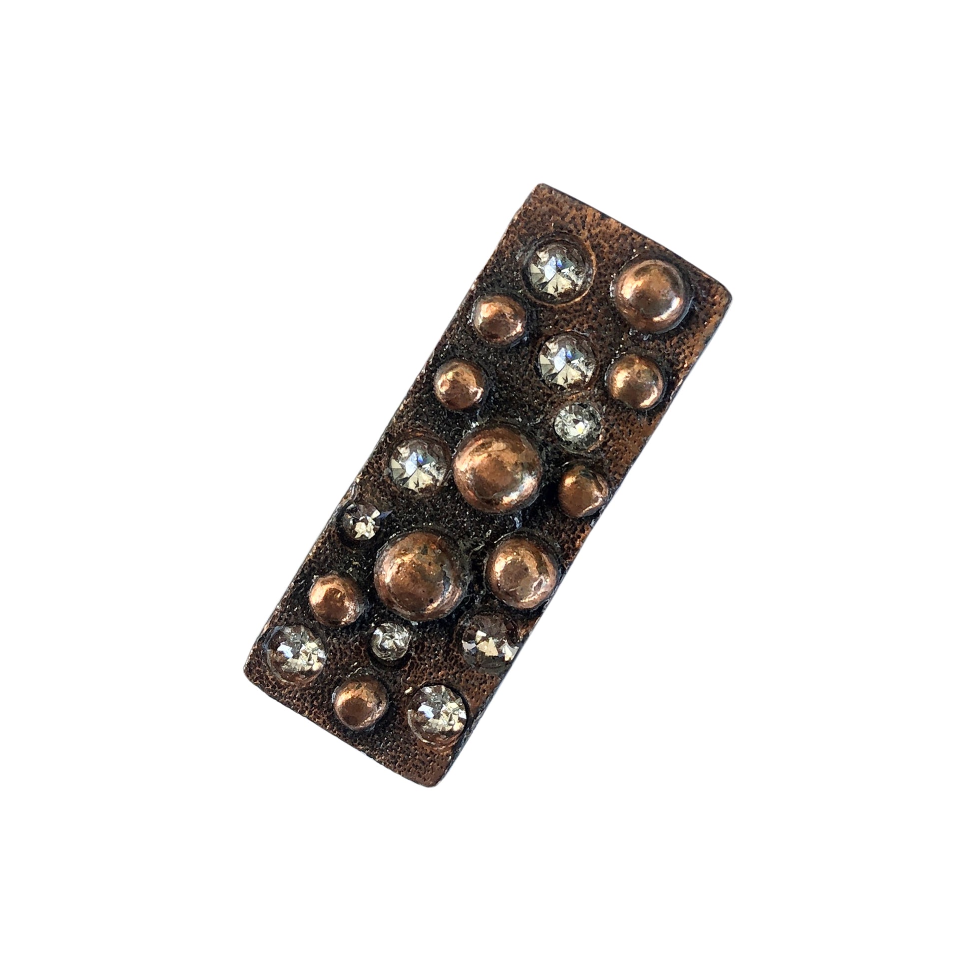 1-1/4" x 1/2" CI Copper bar concho with frost background, copper spots, and clear crystals (set of 4). 