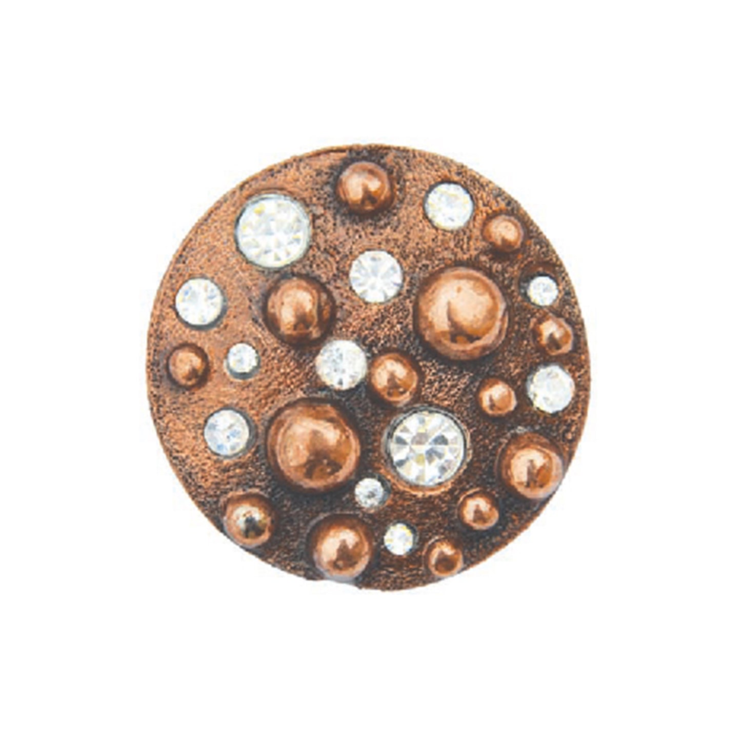 1-1/2" CI Round copper concho with frost background, copper spots, and clear crystals (set of 4). 