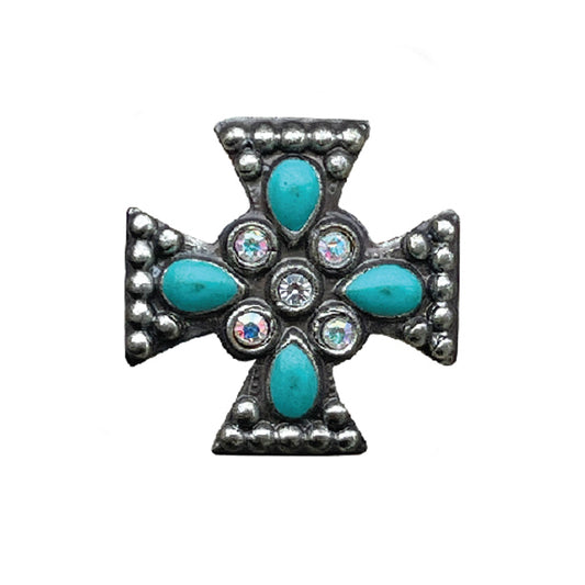 1-1/4" ET Cross concho with blue stones, crystals, and SS spots around edge (set of 4).