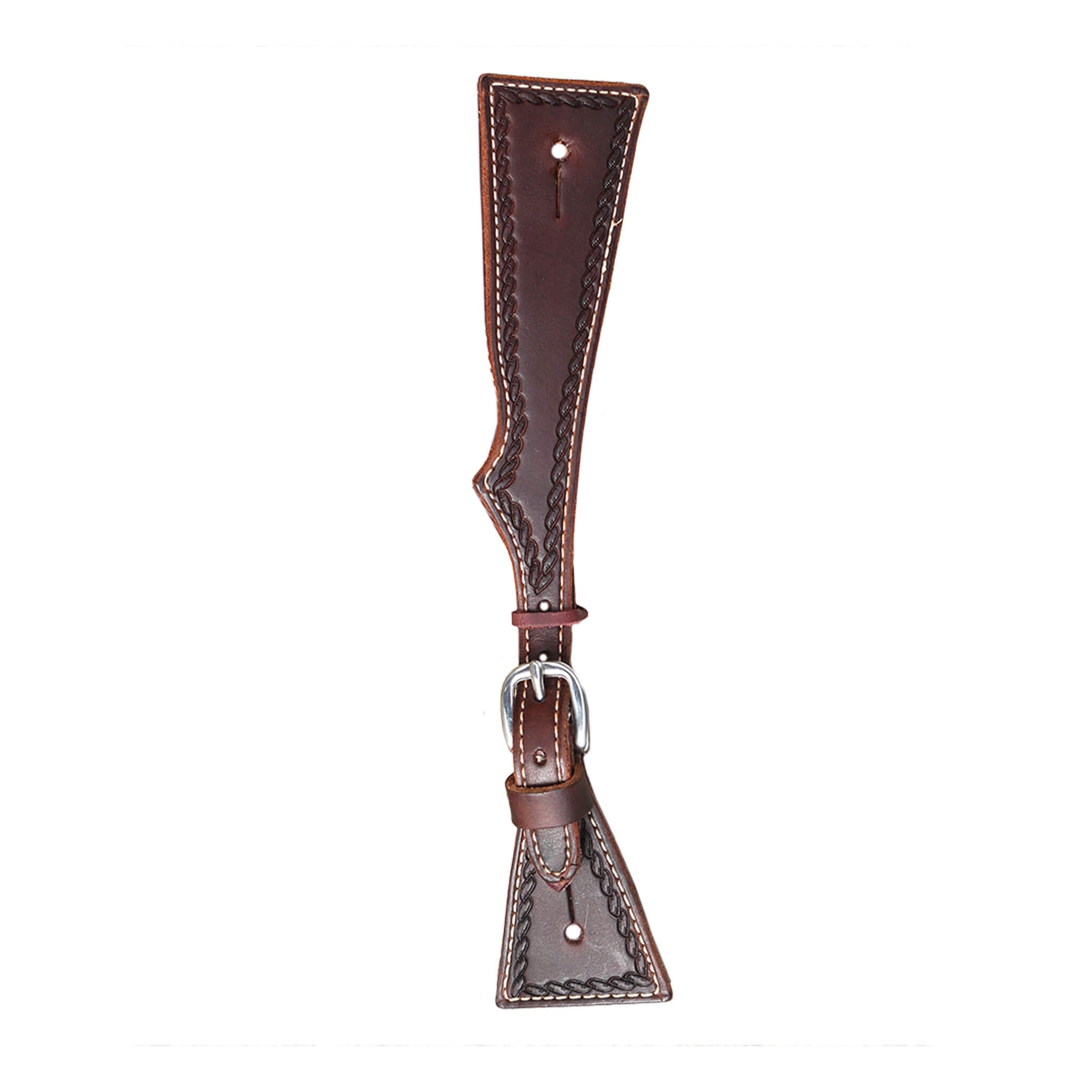 Elite men's square spur straps chocolate leather rope tooled.