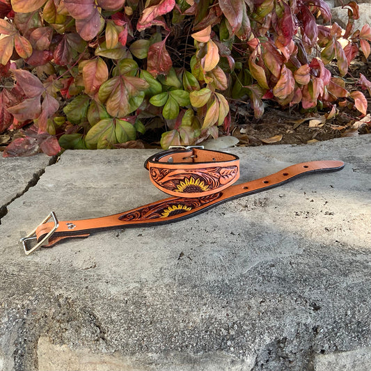 M-304-SUN Stirrups hobble straps golden leather sunflower tooling with background paint